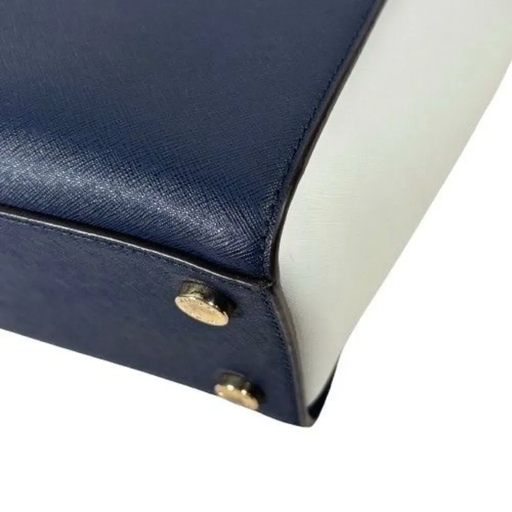 Michael Kors Selma Saffiano Leather Satchel Shoulder Bag Tricolor Navy White Tan
